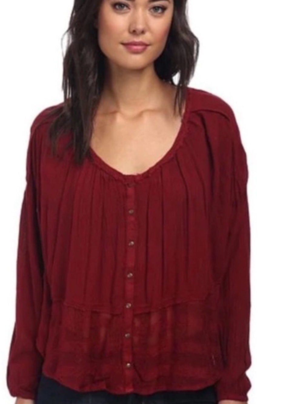 Free People Rainy Days Gauzy Button Blouse Cranberry Red Whimsigoth